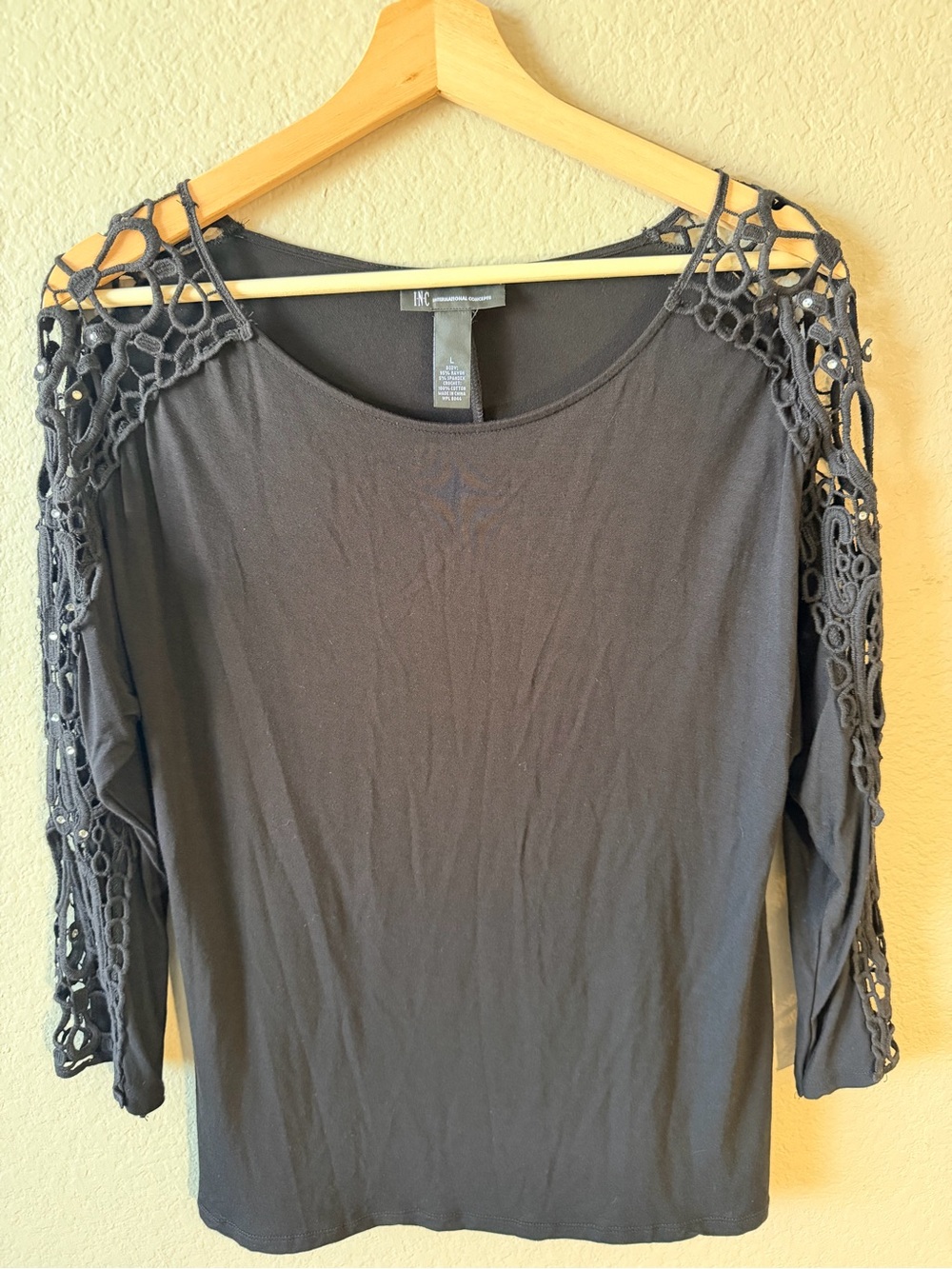 INC International Concepts Black Crochet-Shoulder Long Sleeve Top